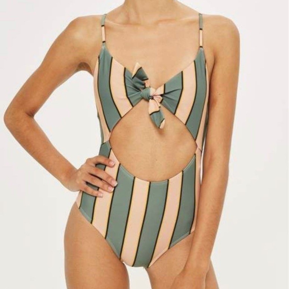 NWT Topshop Women's Size 6 Striped One Piece Swimsuit Keyhole Peach Green Yellow